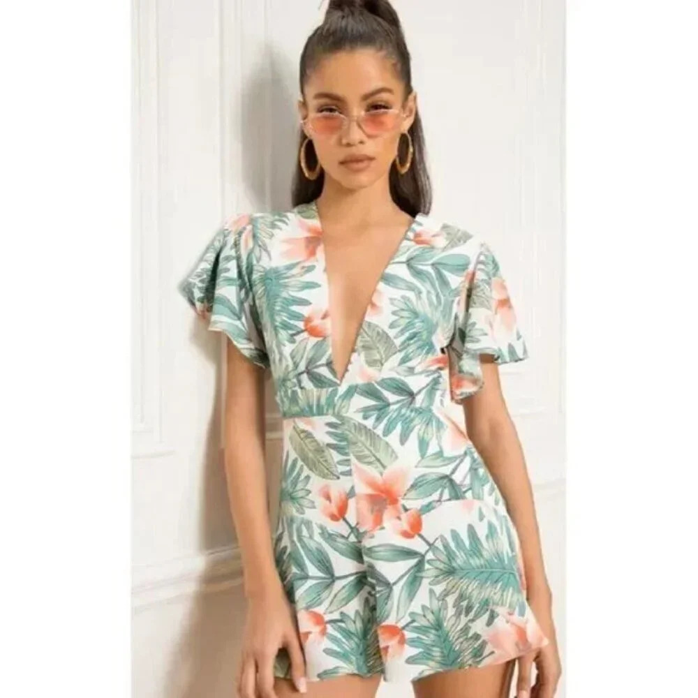 Revolve Superdown Women Romper Sz M Green White Karlie Floral Deep V Boho Island